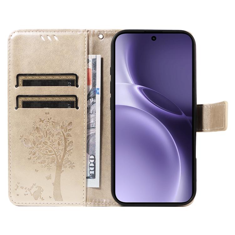 For vivo X300 Pro Tree & Cat Embossed Pattern Flip Leather Phone Case