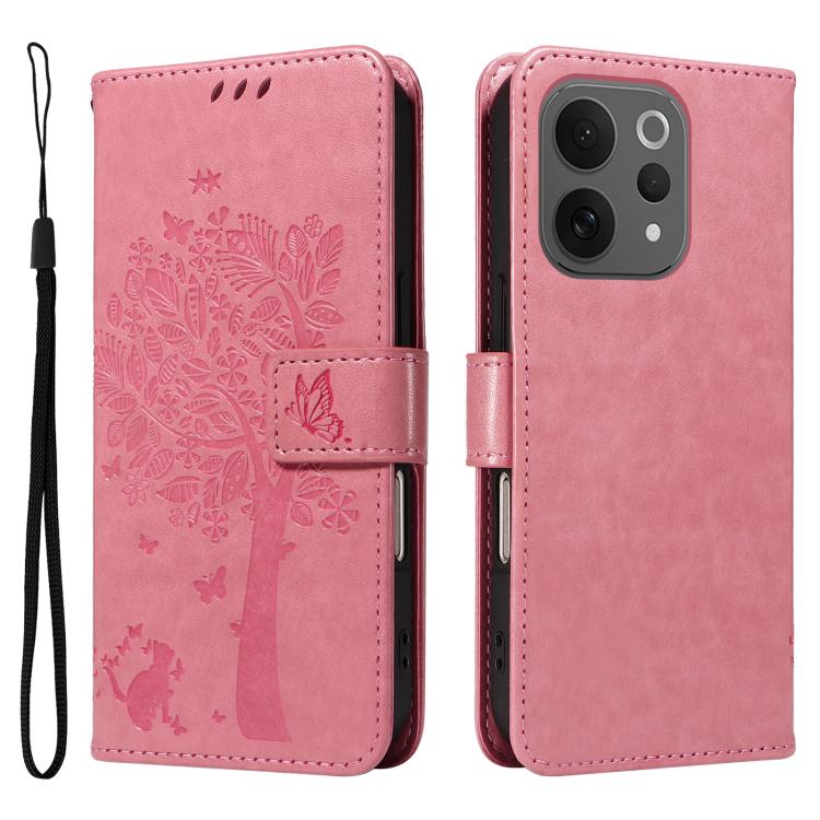 For vivo V70 5G Global / V70 Lite Tree & Cat Embossed Pattern Flip Leather Phone Case