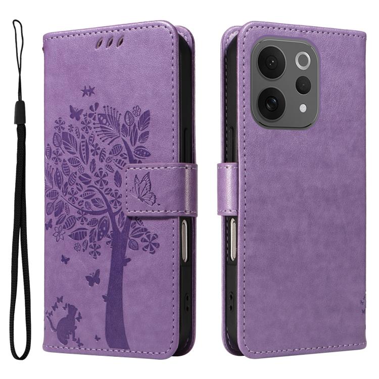 For vivo V70 5G Global / V70 Lite Tree & Cat Embossed Pattern Flip Leather Phone Case