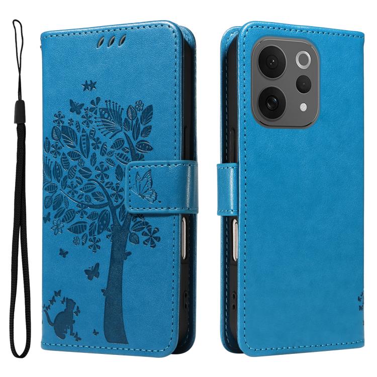 For vivo V70 5G Global / V70 Lite Tree & Cat Embossed Pattern Flip Leather Phone Case