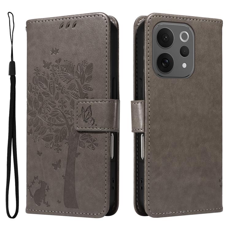 For vivo V70 5G Global / V70 Lite Tree & Cat Embossed Pattern Flip Leather Phone Case