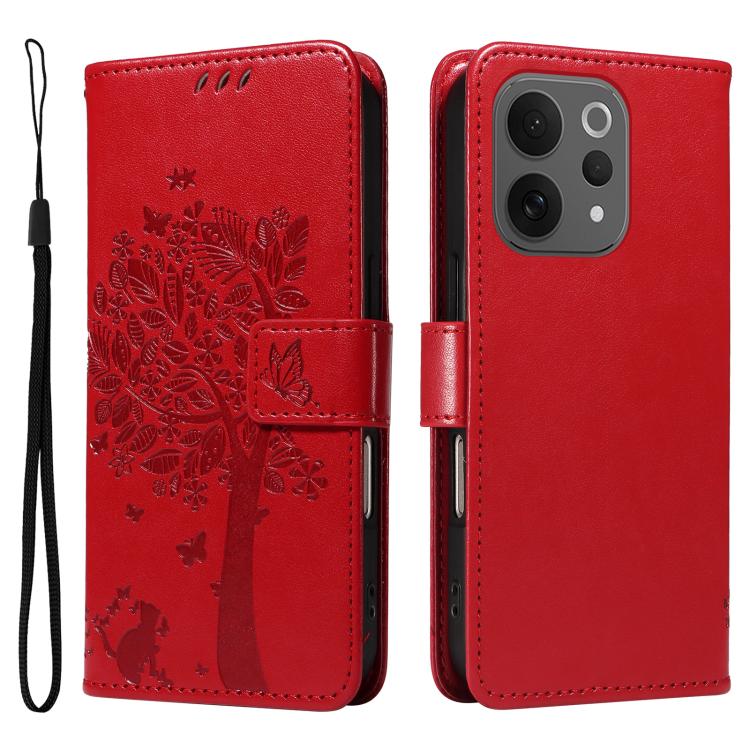 For vivo V70 5G Global / V70 Lite Tree & Cat Embossed Pattern Flip Leather Phone Case