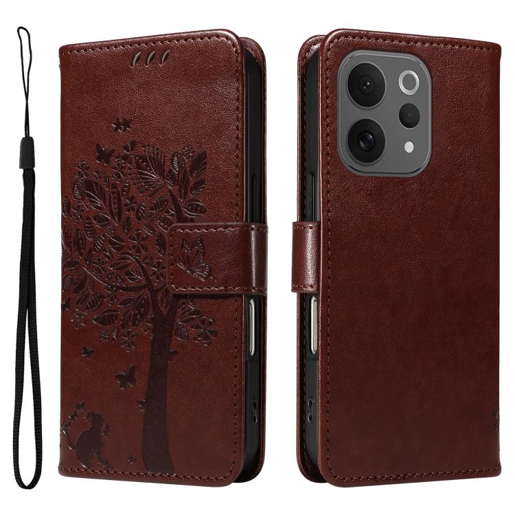 For vivo V70 5G Global / V70 Lite Tree & Cat Embossed Pattern Flip Leather Phone Case