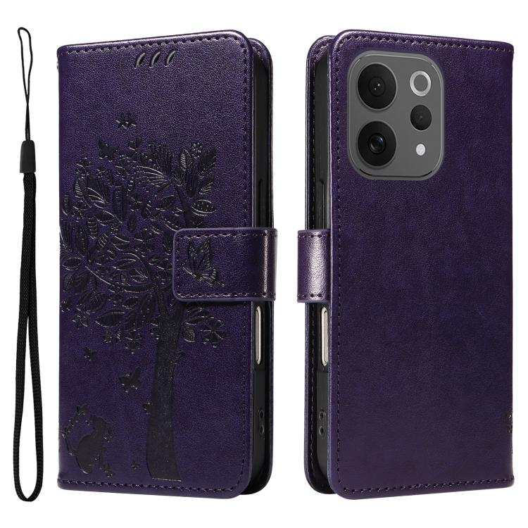 For vivo V70 5G Global / V70 Lite Tree & Cat Embossed Pattern Flip Leather Phone Case