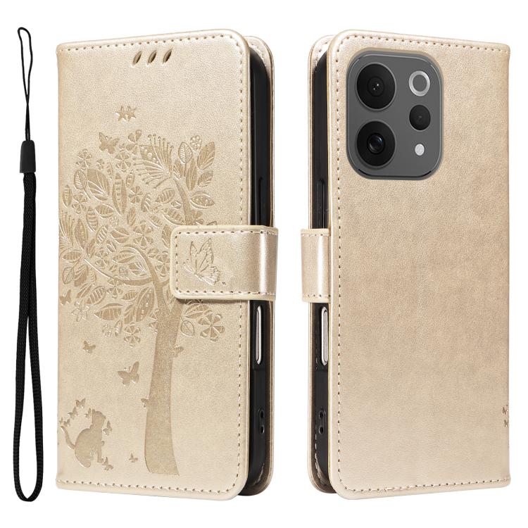For vivo V70 5G Global / V70 Lite Tree & Cat Embossed Pattern Flip Leather Phone Case