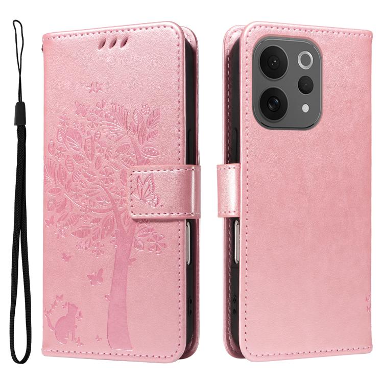 For vivo V70 5G Global / V70 Lite Tree & Cat Embossed Pattern Flip Leather Phone Case