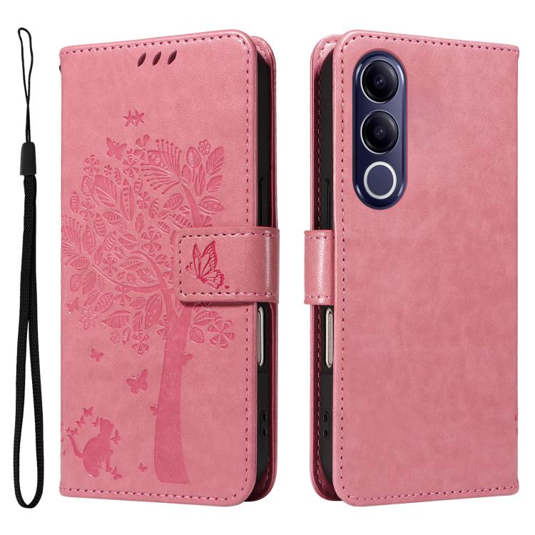 For vivo V70 FE 5G Tree & Cat Embossed Pattern Flip Leather Phone Case