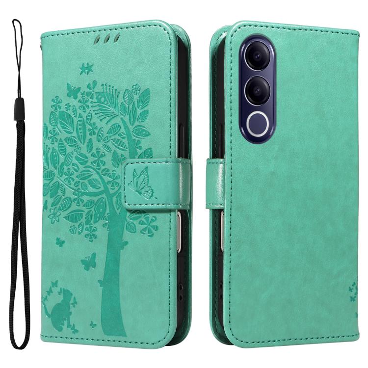 For vivo V70 FE 5G Tree & Cat Embossed Pattern Flip Leather Phone Case