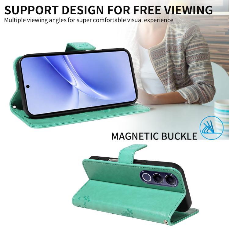 For vivo V70 FE 5G Tree & Cat Embossed Pattern Flip Leather Phone Case