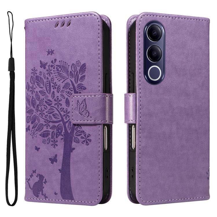 For vivo V70 FE 5G Tree & Cat Embossed Pattern Flip Leather Phone Case