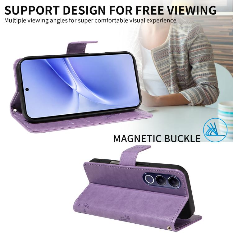 For vivo V70 FE 5G Tree & Cat Embossed Pattern Flip Leather Phone Case