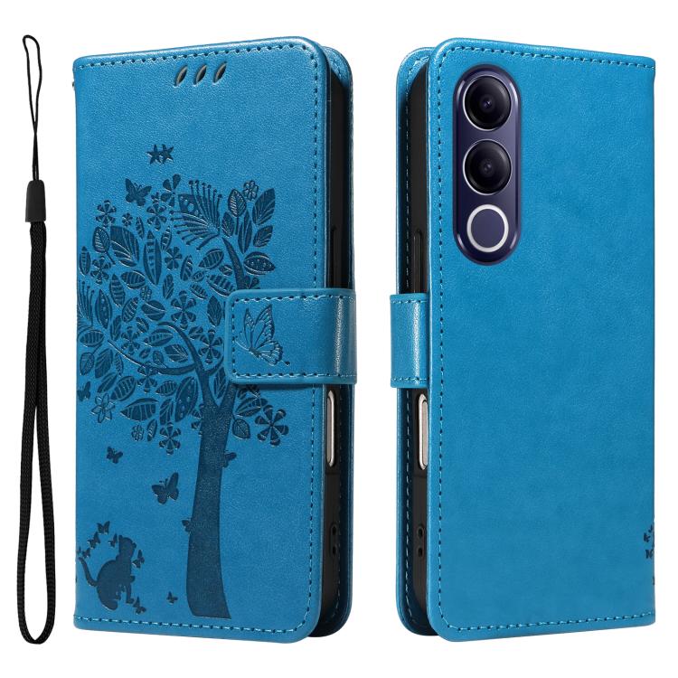 For vivo V70 FE 5G Tree & Cat Embossed Pattern Flip Leather Phone Case