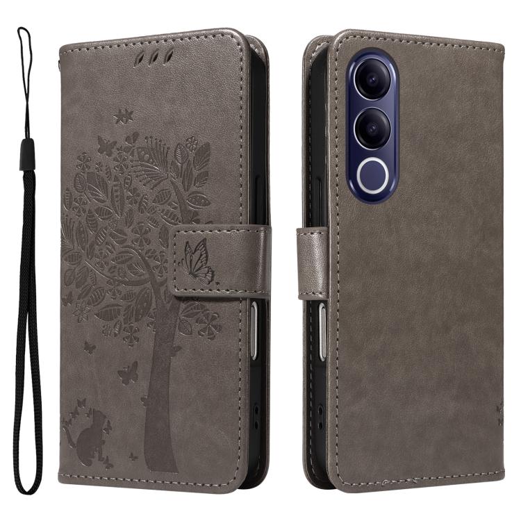 For vivo V70 FE 5G Tree & Cat Embossed Pattern Flip Leather Phone Case