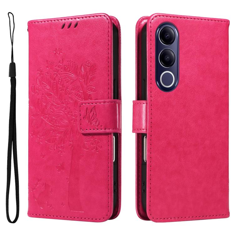 For vivo V70 FE 5G Tree & Cat Embossed Pattern Flip Leather Phone Case