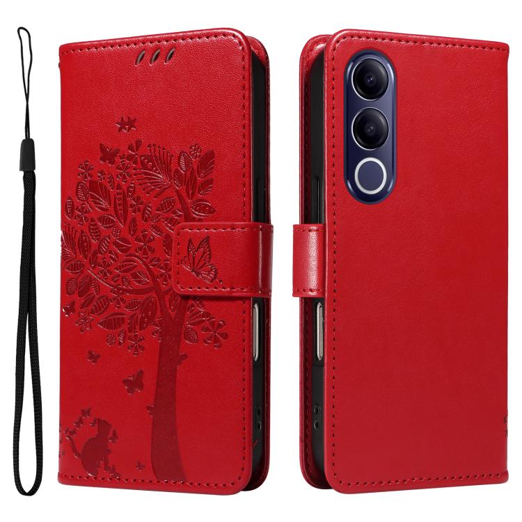 For vivo V70 FE 5G Tree & Cat Embossed Pattern Flip Leather Phone Case