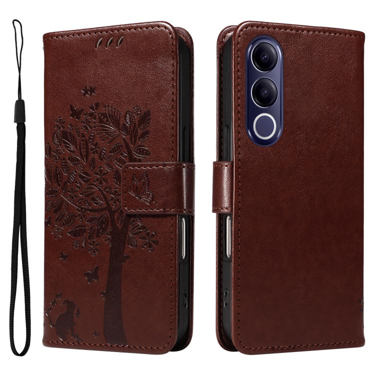 For vivo V70 FE 5G Tree & Cat Embossed Pattern Flip Leather Phone Case