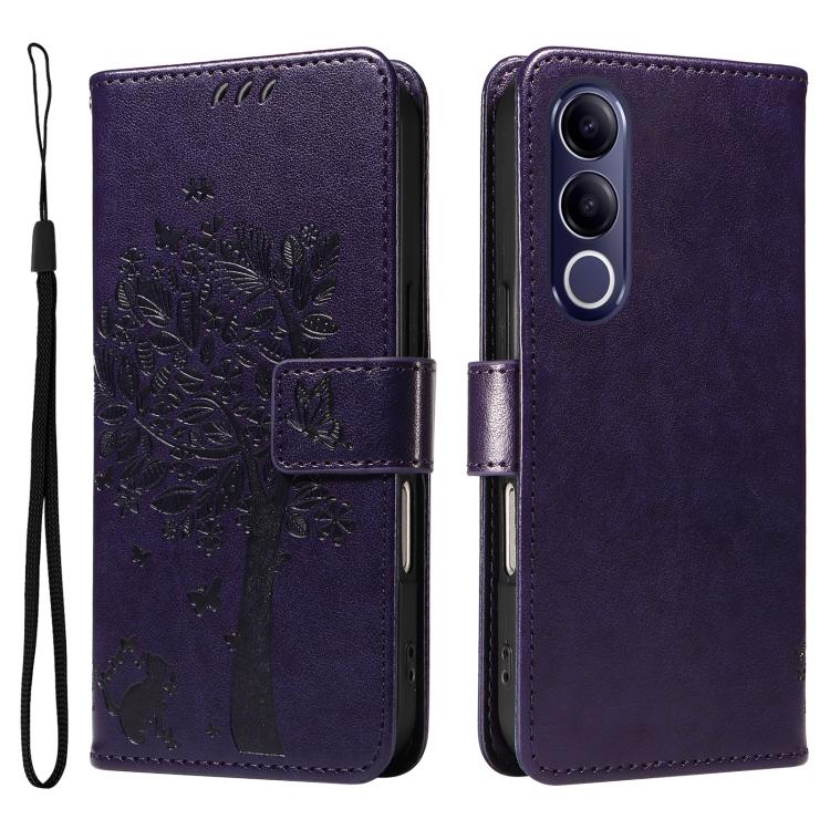 For vivo V70 FE 5G Tree & Cat Embossed Pattern Flip Leather Phone Case