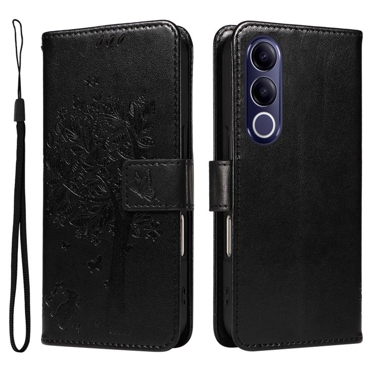 For vivo V70 FE 5G Tree & Cat Embossed Pattern Flip Leather Phone Case