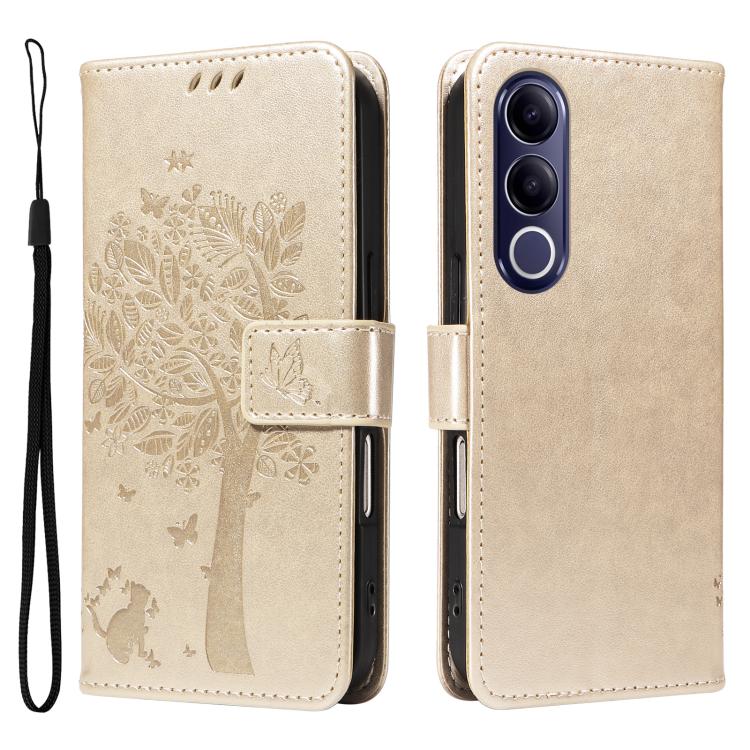 For vivo V70 FE 5G Tree & Cat Embossed Pattern Flip Leather Phone Case