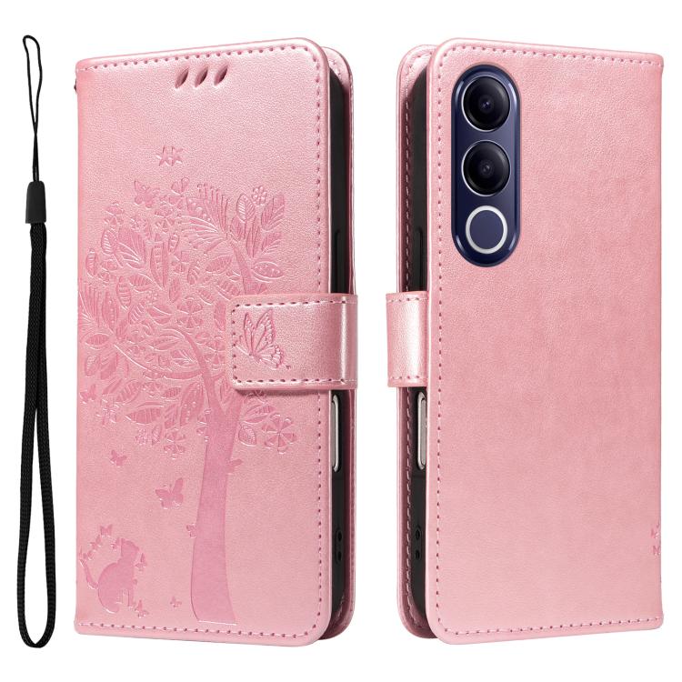 For vivo V70 FE 5G Tree & Cat Embossed Pattern Flip Leather Phone Case