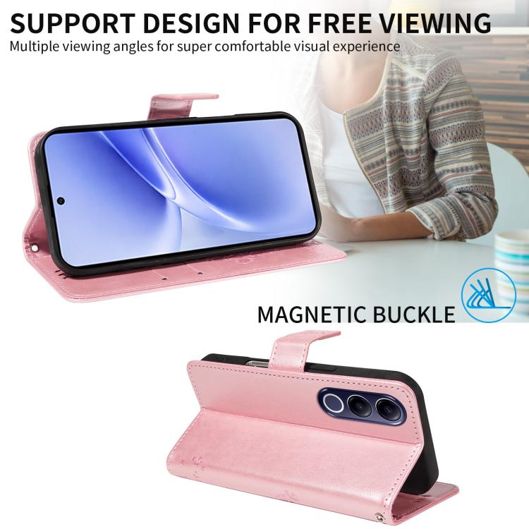 For vivo V70 FE 5G Tree & Cat Embossed Pattern Flip Leather Phone Case