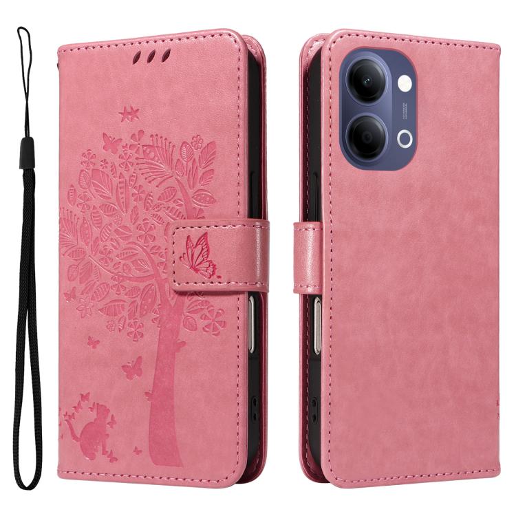 For vivo Y05 4G / Y21 5G 2026 Global Tree & Cat Embossed Pattern Flip Leather Phone Case