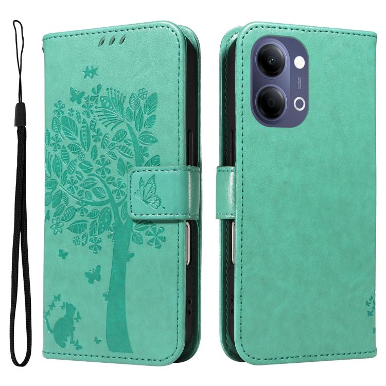 For vivo Y05 4G / Y21 5G 2026 Global Tree & Cat Embossed Pattern Flip Leather Phone Case