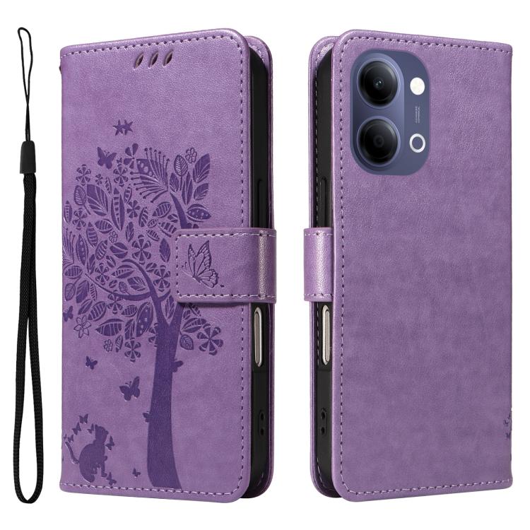 For vivo Y05 4G / Y21 5G 2026 Global Tree & Cat Embossed Pattern Flip Leather Phone Case