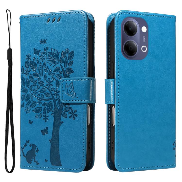 For vivo Y05 4G / Y21 5G 2026 Global Tree & Cat Embossed Pattern Flip Leather Phone Case