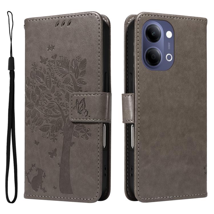 For vivo Y05 4G / Y21 5G 2026 Global Tree & Cat Embossed Pattern Flip Leather Phone Case