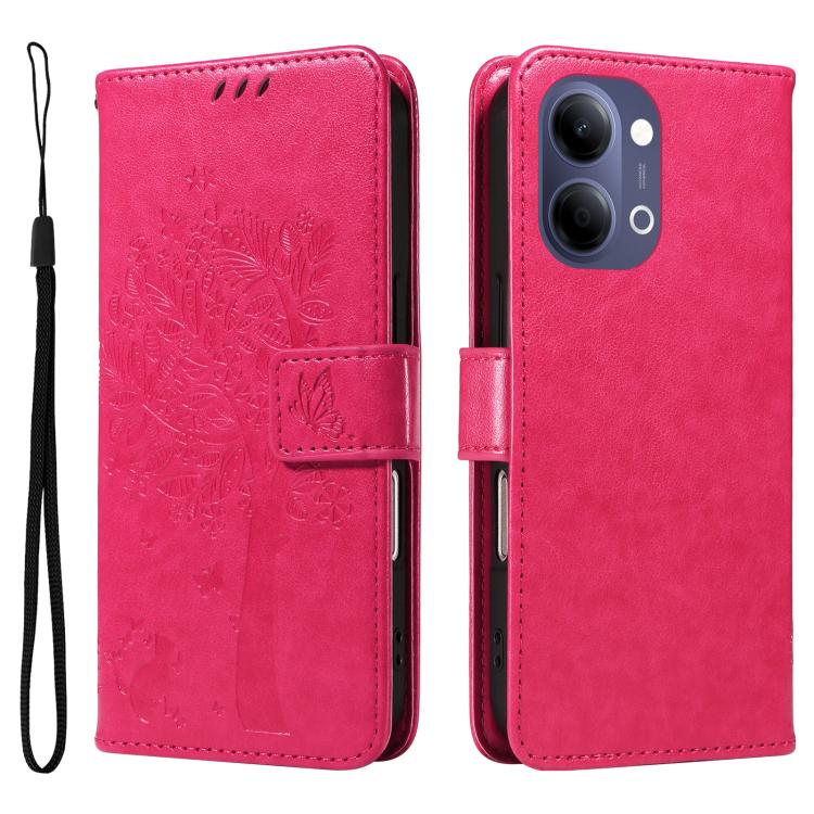 For vivo Y05 4G / Y21 5G 2026 Global Tree & Cat Embossed Pattern Flip Leather Phone Case