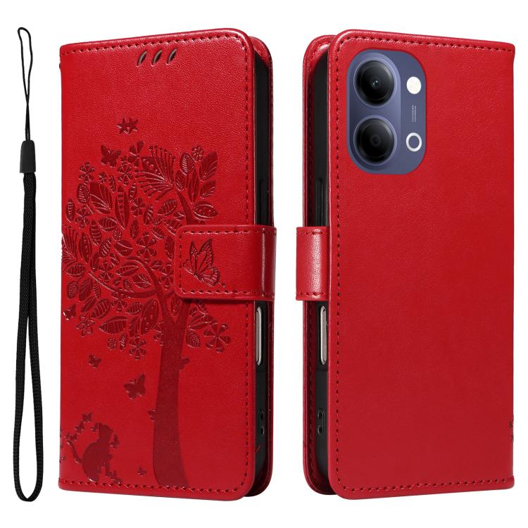 For vivo Y05 4G / Y21 5G 2026 Global Tree & Cat Embossed Pattern Flip Leather Phone Case