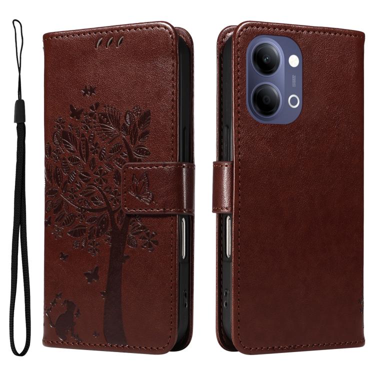 For vivo Y05 4G / Y21 5G 2026 Global Tree & Cat Embossed Pattern Flip Leather Phone Case