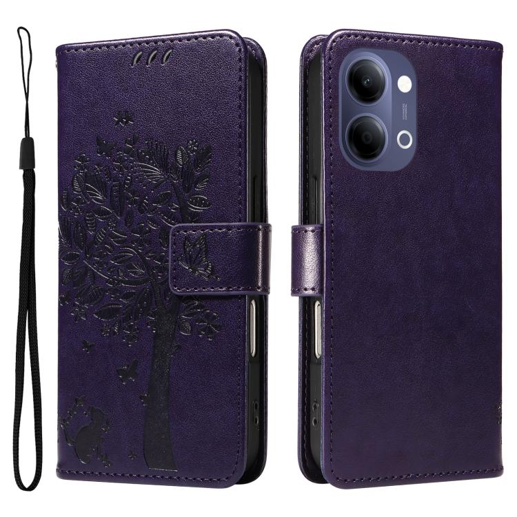 For vivo Y05 4G / Y21 5G 2026 Global Tree & Cat Embossed Pattern Flip Leather Phone Case