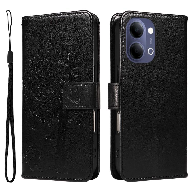 For vivo Y05 4G / Y21 5G 2026 Global Tree & Cat Embossed Pattern Flip Leather Phone Case