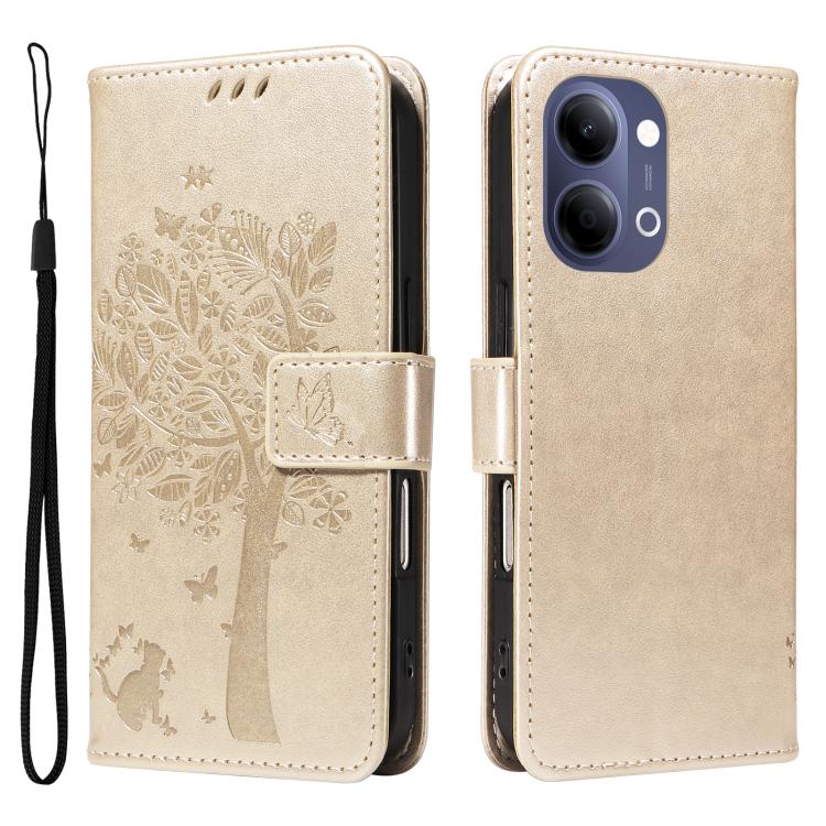 For vivo Y05 4G / Y21 5G 2026 Global Tree & Cat Embossed Pattern Flip Leather Phone Case