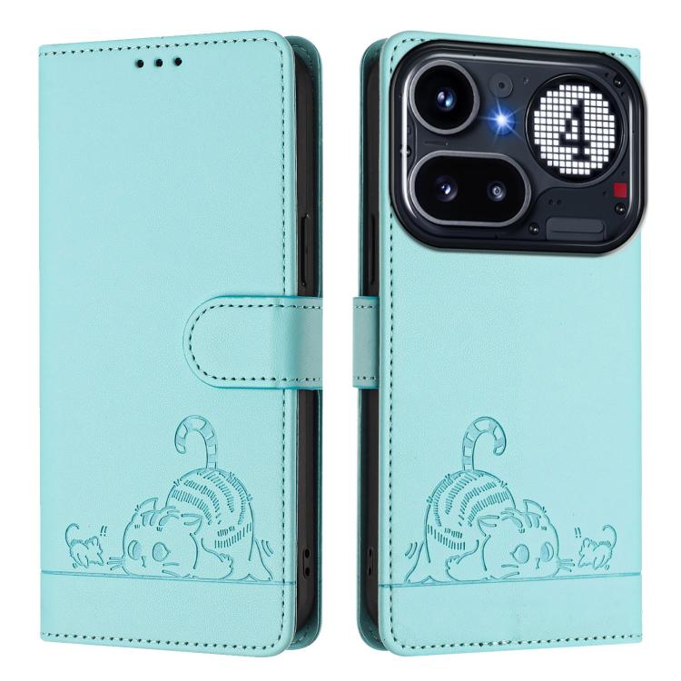 For Nothing Phone 4a Pro Cat Rat Embossed Pattern RFID Leather Phone Case with Lanyard