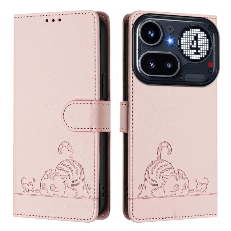 For Nothing Phone 4a Pro Cat Rat Embossed Pattern RFID Leather Phone Case with Lanyard