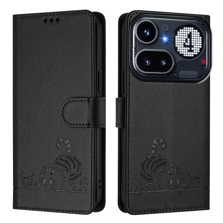 For Nothing Phone 4a Pro Cat Rat Embossed Pattern RFID Leather Phone Case with Lanyard