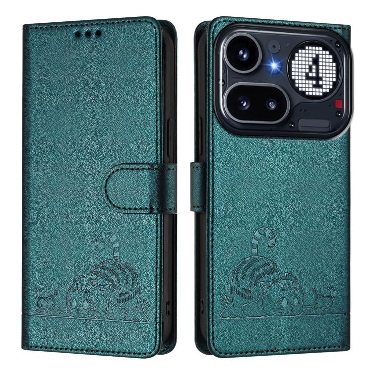 For Nothing Phone 4a Pro Cat Rat Embossed Pattern RFID Leather Phone Case with Lanyard