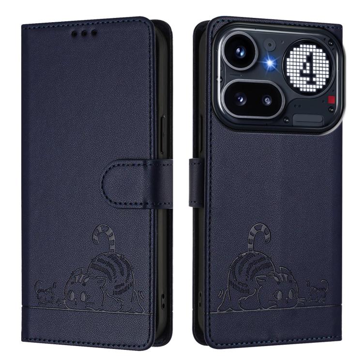 For Nothing Phone 4a Pro Cat Rat Embossed Pattern RFID Leather Phone Case with Lanyard