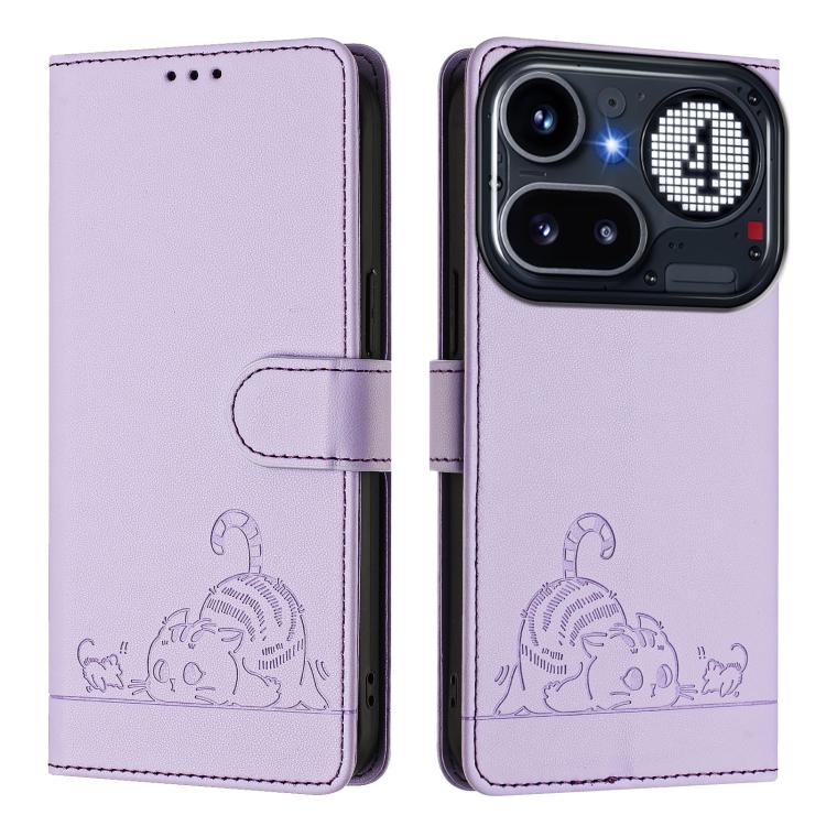 For Nothing Phone 4a Pro Cat Rat Embossed Pattern RFID Leather Phone Case with Lanyard