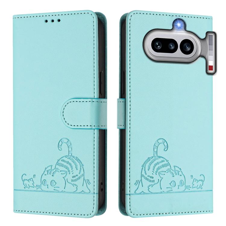 For Nothing Phone 4a Cat Rat Embossed Pattern RFID Leather Phone Case with Lanyard