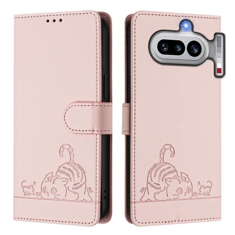 For Nothing Phone 4a Cat Rat Embossed Pattern RFID Leather Phone Case with Lanyard