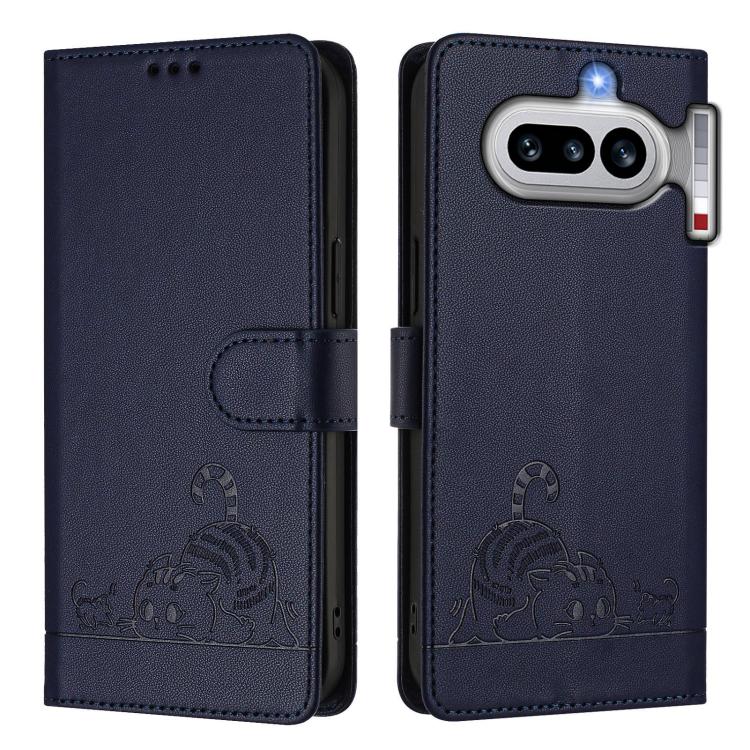 For Nothing Phone 4a Cat Rat Embossed Pattern RFID Leather Phone Case with Lanyard