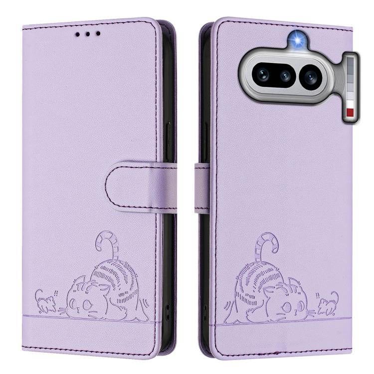 For Nothing Phone 4a Cat Rat Embossed Pattern RFID Leather Phone Case with Lanyard