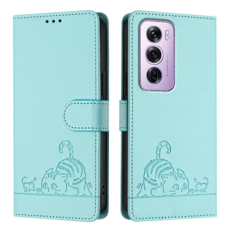 For OPPO Reno12 Pro Global Cat Rat Embossed Pattern RFID Leather Phone Case with Lanyard