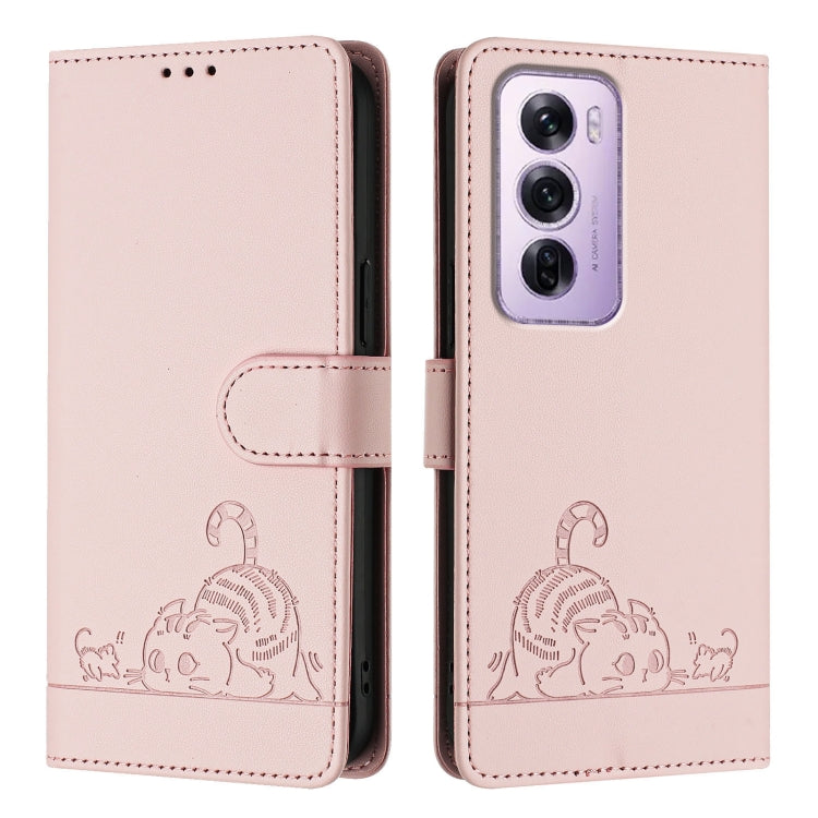 For OPPO Reno12 Pro Global Cat Rat Embossed Pattern RFID Leather Phone Case with Lanyard