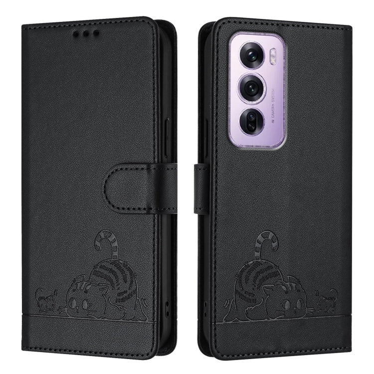 For OPPO Reno12 Pro Global Cat Rat Embossed Pattern RFID Leather Phone Case with Lanyard