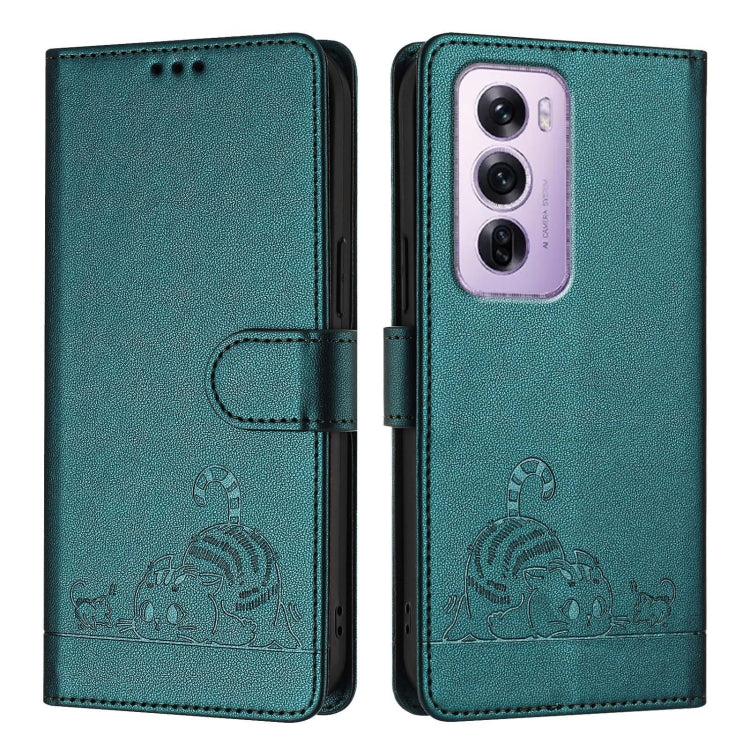 For OPPO Reno12 Pro Global Cat Rat Embossed Pattern RFID Leather Phone Case with Lanyard